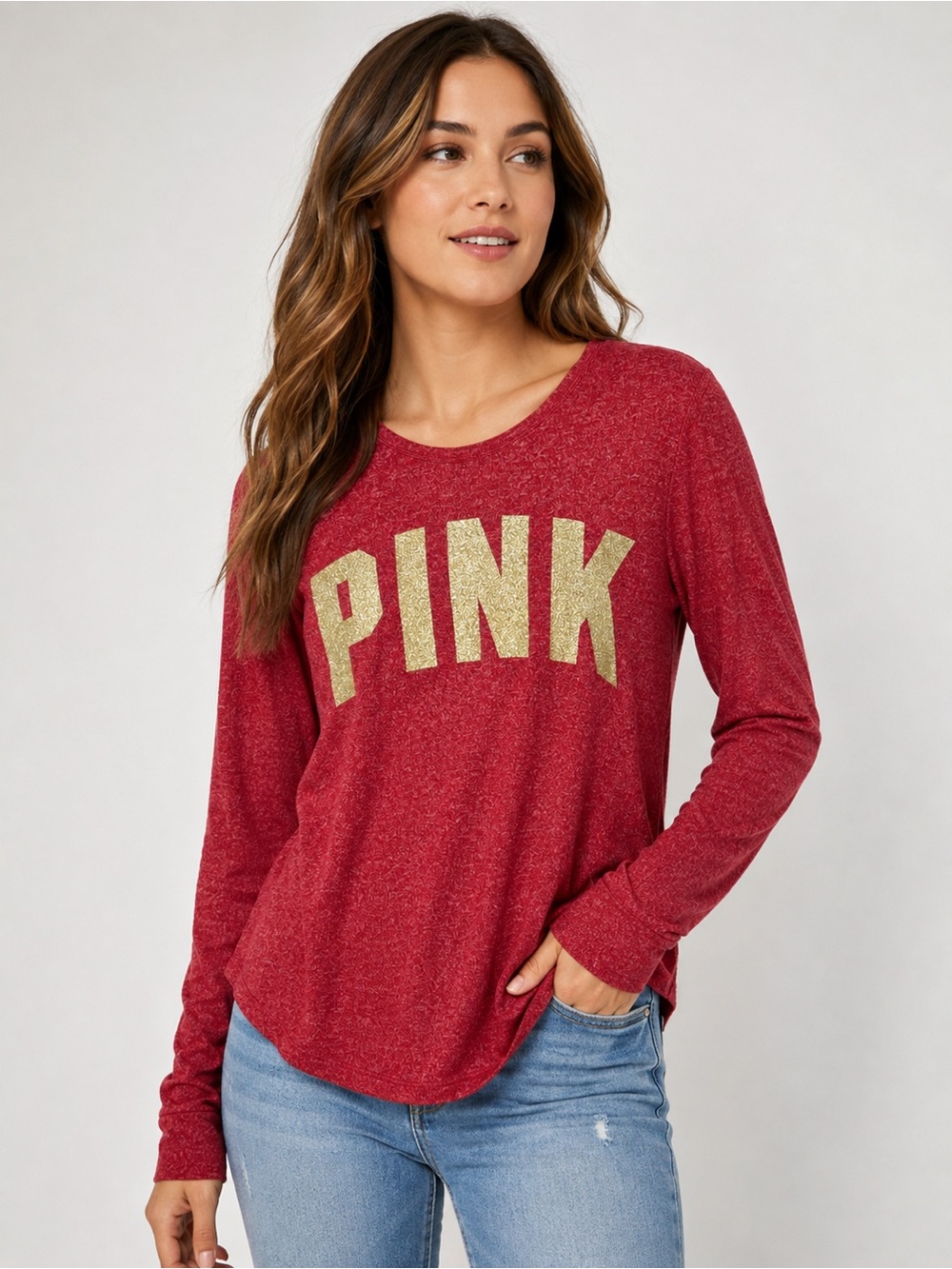 PINK Victoria’s Secret Red Gold Glitter Logo Long Sleeve Sleep Lounge Top L